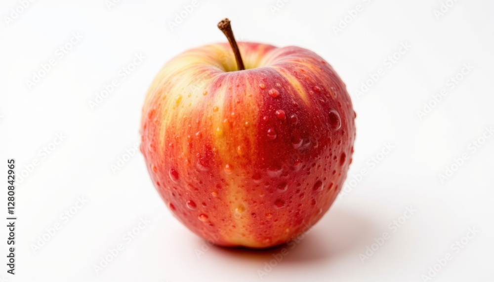 A ripe, succulent peach covered in shimmering water droplets, its vibrant colors standing out against a pristine white backdrop. A ripe, succulent peach covered in shimmering water droplets, its vibrant colors standing out against a pristine white backdrop.