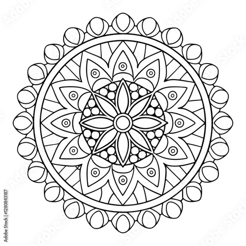 Intricate Mandala Coloring Page: Geometric Floral Design, Detailed Circular Pattern, Stress Relieving Art Therapy, Printable Zen Doodle Illustration