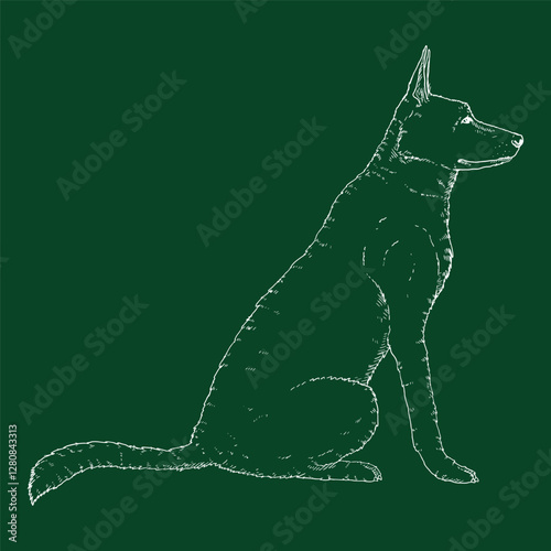 Vector Chalk Sketch Sitting German Shepherd Dog