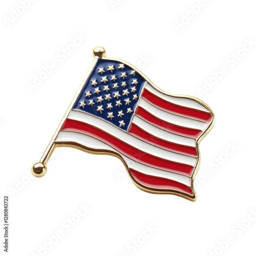 Patriotic USA flag lapel pin in gold metal and enamel, American stars and stripes badge accessory for events isolated on Transparent Background