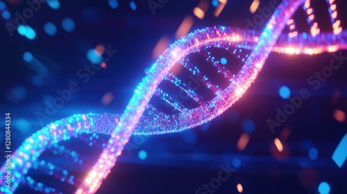 Colorful depiction of a DNA double helix glowing in blue and pink lights against a dark background