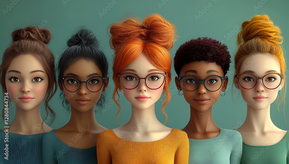 Fototapeta premium Five Stylized Characters with Unique Hairstyles and Colorful Tops on Teal