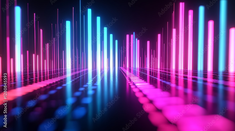 3D-rendered neon equalizer bars pulsing rhythmically against a dark background. 3D-rendered neon equalizer bars pulsing rhythmically against a dark background.