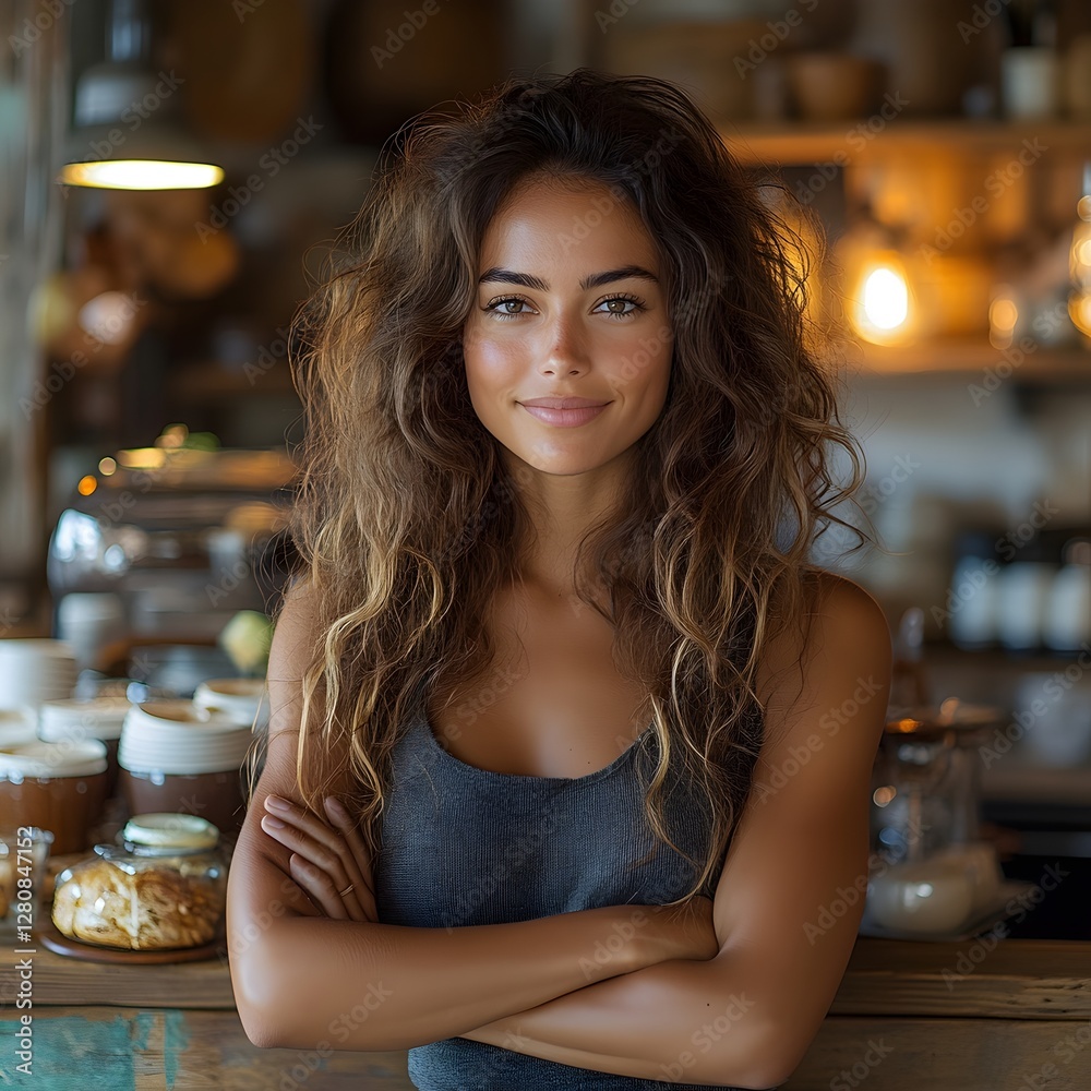 a confident business owner standing behind the counter of a stylish coffee shop, arms crossed, smiling. small business, entrepreneurship a confident business owner standing behind the counter of a stylish coffee shop, arms crossed, smiling. small business, entrepreneurship