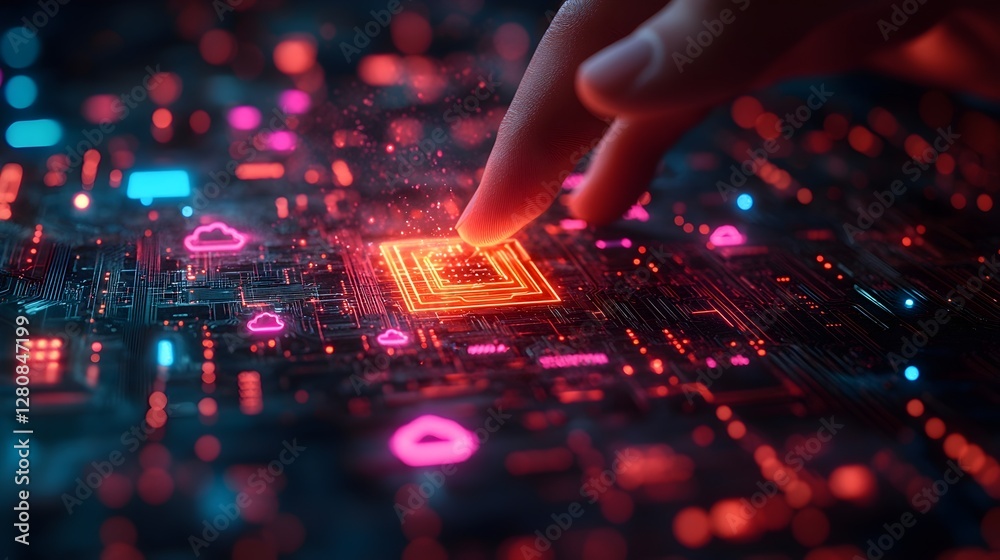 a human hand reaching towards a neon glowing ai circuit chip, surrounded by futuristic icons like cloud computing, settings, and rising graphs. artificial intelligence, cyber security a human hand reaching towards a neon glowing ai circuit chip, surrounded by futuristic icons like cloud computing, settings, and rising graphs. artificial intelligence, cyber security