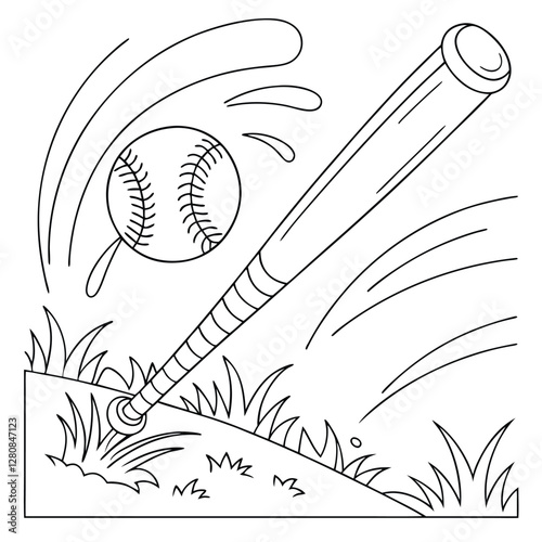 Baseball Bat Hitting Ball Coloring Page: Free Printable Sports Activity for Kids, Line Art Illustration of Game in Action