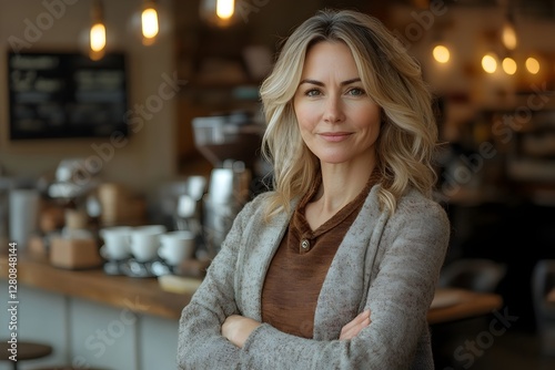 a confident business owner standing behind the counter of a stylish coffee shop, arms crossed, smiling. small business, entrepreneurship
