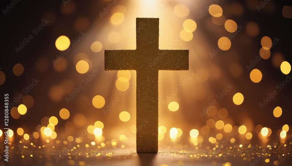 textured cross on golden bokeh lights background textured cross on golden bokeh lights background