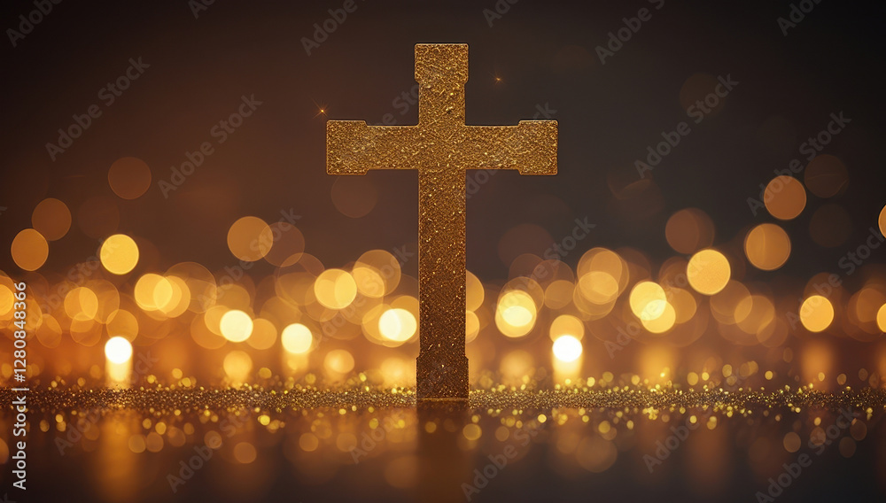 textured cross on golden bokeh lights background textured cross on golden bokeh lights background