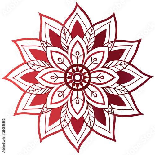 Red Mandala Flower Design, Intricate Floral Pattern, Ornamental Art, Decorative Graphic, Spiritual Symbol, Vector Illustration