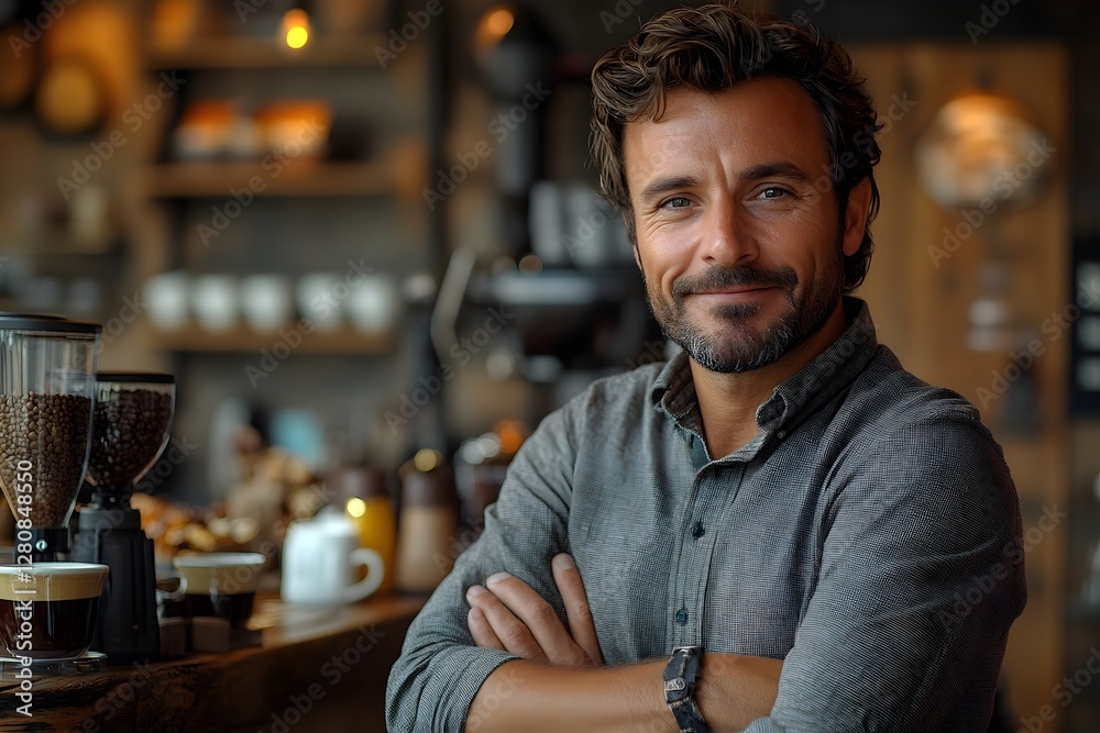 Fototapeta premium a confident business owner standing behind the counter of a stylish coffee shop, arms crossed, smiling. small business, entrepreneurship