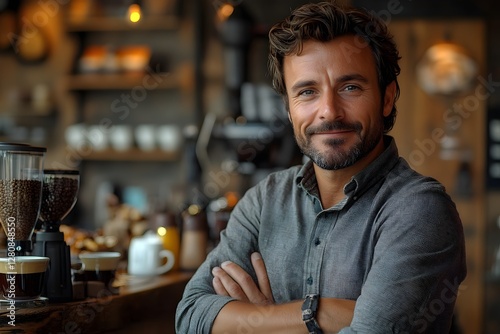 a confident business owner standing behind the counter of a stylish coffee shop, arms crossed, smiling. small business, entrepreneurship