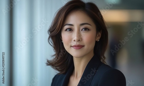 Professional Asian Businesswoman in Formal Attire, Confident Expression, Modern Office Setting, Career Success Concept
