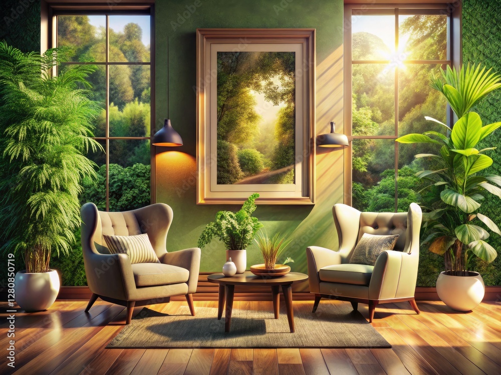 Fototapeta premium Cozy chairs and lush greenery bask in sunlight within a serene living room, a blank canvas awaits.