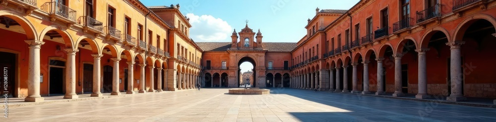 Fototapeta premium Arcada de la plaza mayor con arcos y columnas, piedra, arcadas