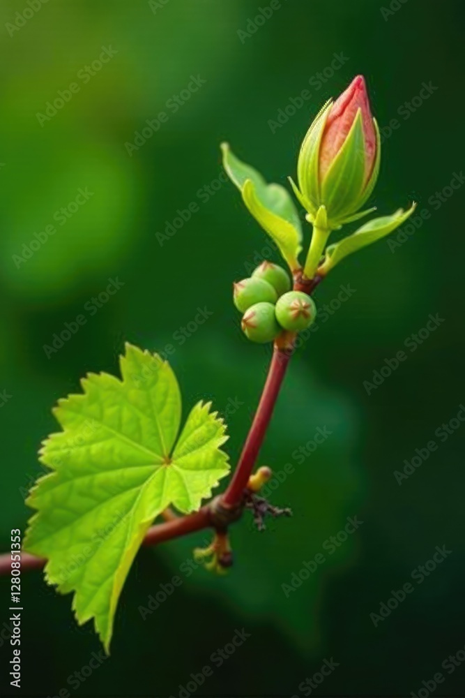 A single bud on a mature Cabernet Sauvignon vine branch with a few leaves emerging, flower emergence, grapes, green buds A single bud on a mature Cabernet Sauvignon vine branch with a few leaves emerging, flower emergence, grapes, green buds