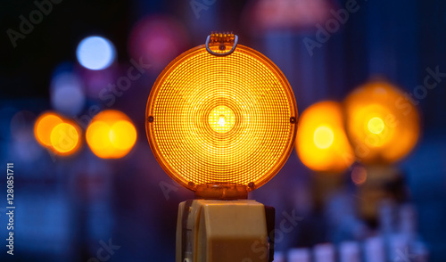 Bright yellow-orange flashing lights at a roadworks site in Germany at night. Warning lights with intense colours protect against accidents at obstacles and danger spots on the road. Selective focus.