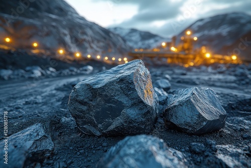 Rough thulium ore chunks with metallic sheen in a mining site, heavy machinery in background

