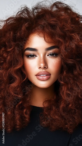 Stunning young woman with voluminous auburn curls.  A captivating portrait.
