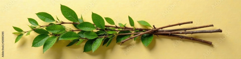 Fototapeta premium Bundle of twigs with varying shades of green on a warm beige surface, rustic, bundle, background