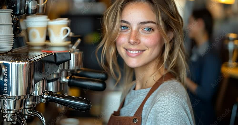 Smiling young woman in a cafe with freckled skin, smiling in a cafe with coffee machine and blurred background
