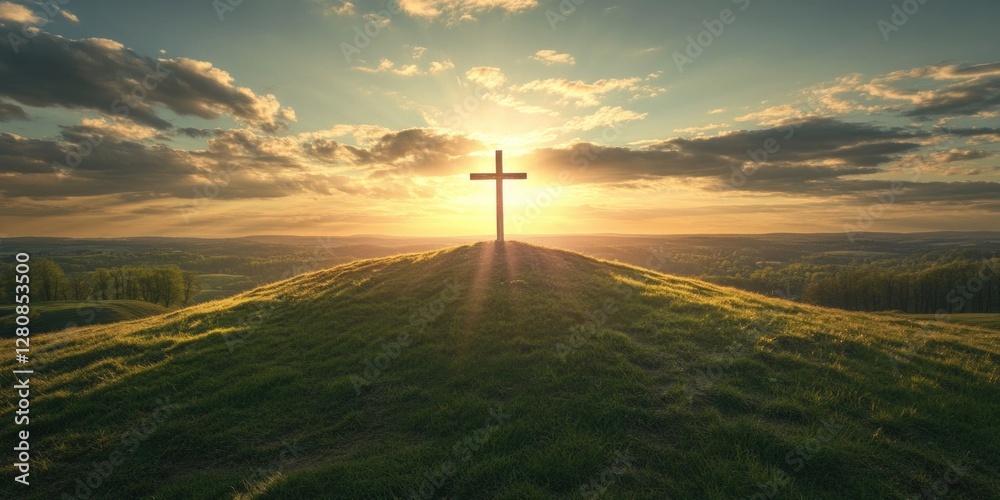 Obraz premium Sunrise Cross on Grassy Hill