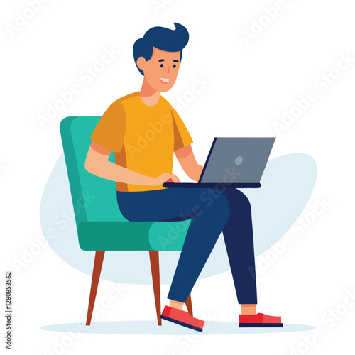 a boy is using his laptop vector