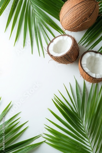 Wallpaper Mural Coconuts with leaves on a white background, selective focus, Generative AI, Torontodigital.ca