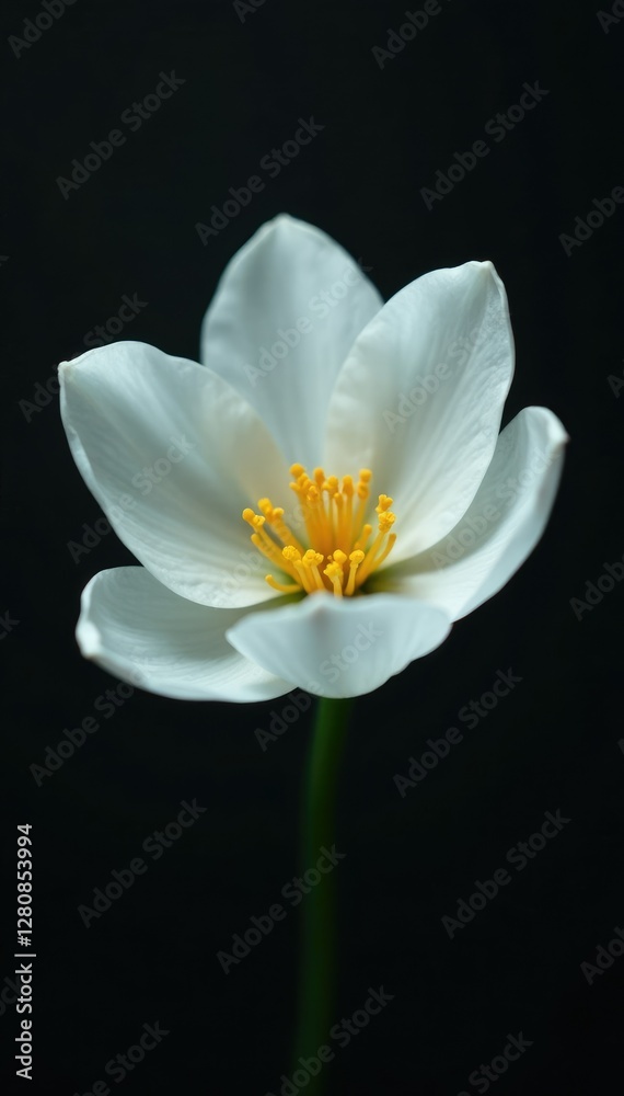 Delicate white petals unfolding on a dark, glossy background, delicate, blossom Delicate white petals unfolding on a dark, glossy background, delicate, blossom