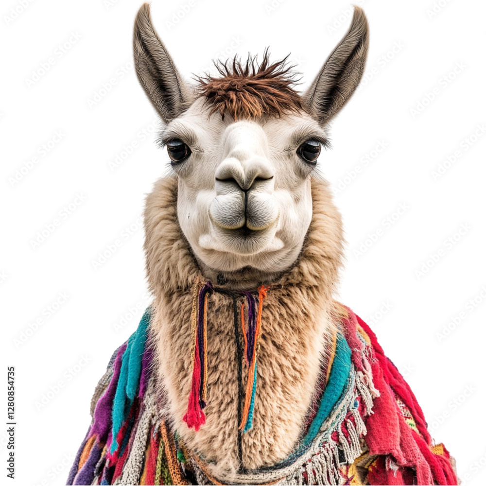 Fototapeta premium Andean Llama Portrait: Colorful Textiles, Close-Up