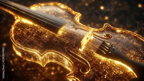 A glowing violin with an elegant wooden texture, radiating light from within. 