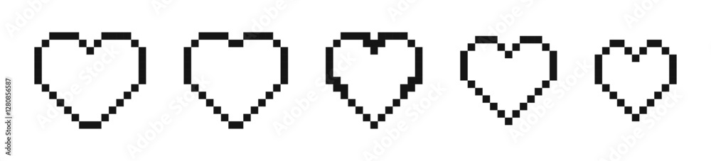 Pixel art heart. Vector art 8 bit health heart bar. Pixel heart icon set. Pixel game life bar. Pixel art heart. Vector art 8 bit health heart bar. Pixel heart icon set. Pixel game life bar.