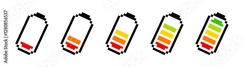 Pixel battery icons. Battery charging process. Battery charge level. Pixel battery indicator. Pixel art 8-bit. Simple 8bit pixel battery