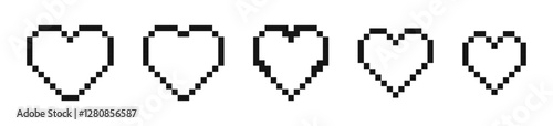 Pixel art heart. Vector art 8 bit health heart bar. Pixel heart icon set. Pixel game life bar.