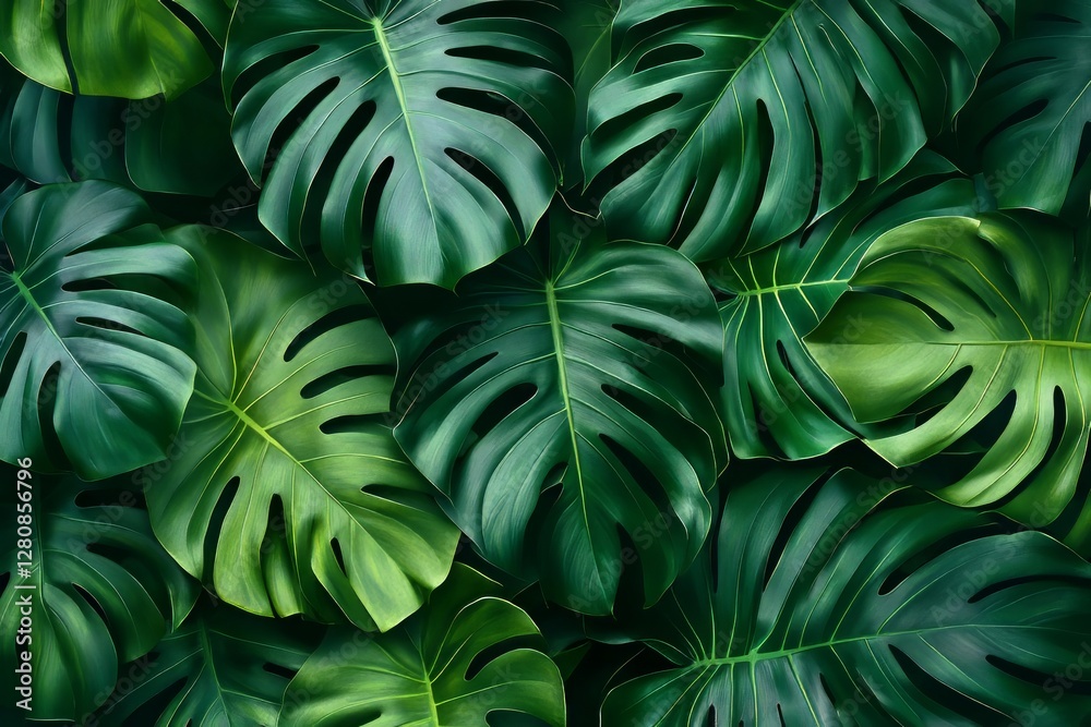 Background with seamless texture of tropical monstera leaves, in deep green tones Background with seamless texture of tropical monstera leaves, in deep green tones
