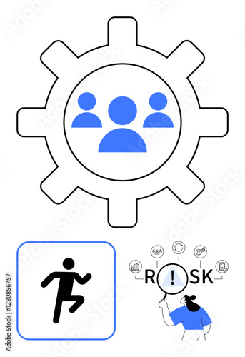 Gear with group icons, individual running icon, and magnifying glass focusing on risk. Ideal for teamwork, risk management, problem-solving, efficiency, collaboration, agility abstract line flat