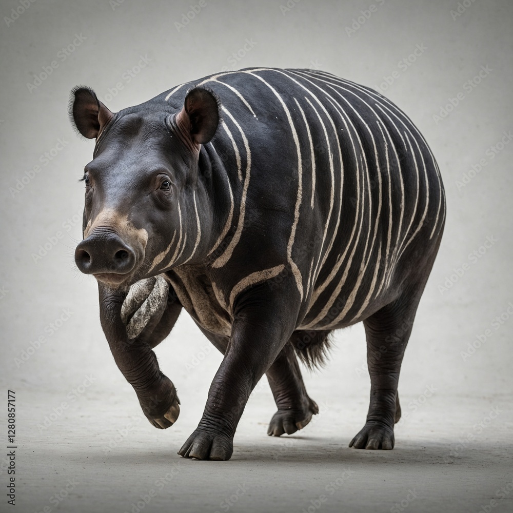 A Malayan tapir walking gracefully on a white backdrop. A Malayan tapir walking gracefully on a white backdrop.