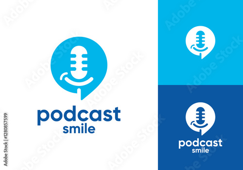smile with podcast logo. people happy talk studio vector graphic design