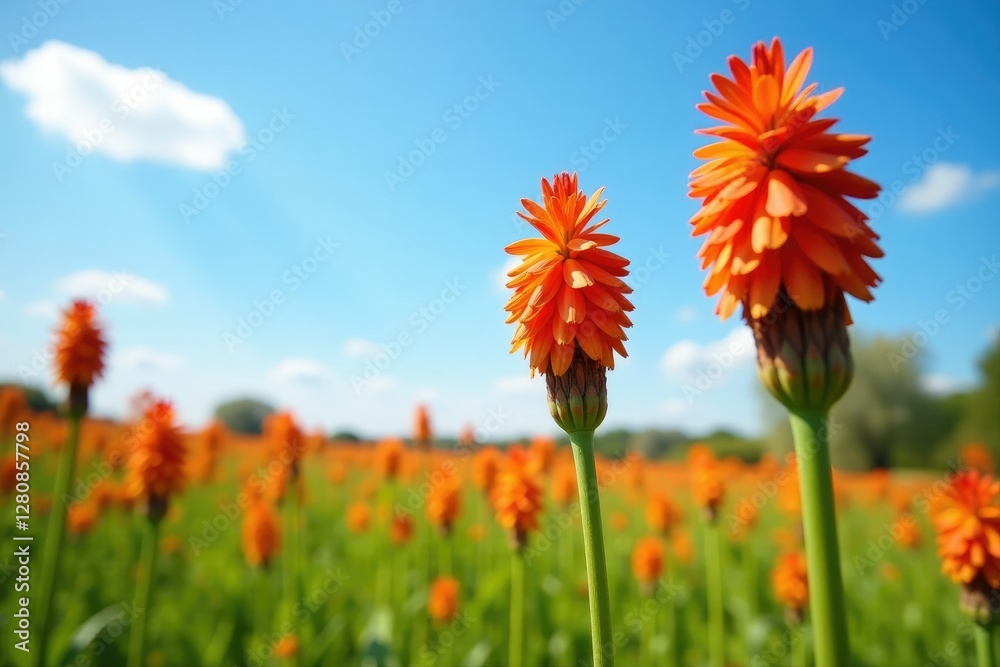 Hot kniphofia tritoma flowers against a bright blue sky, field of flowers, landscape photography Hot kniphofia tritoma flowers against a bright blue sky, field of flowers, landscape photography