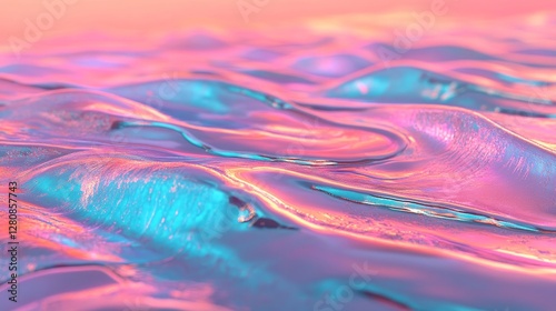 This premium design boasts a modern aesthetic, incorporating silver holographic foil, abstract chrome waves, and a hologram texture, set against an abstract 3D wave background