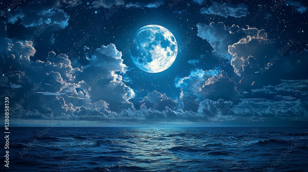 Fototapeta premium Serene Night Seascape Full Moon Starry Sky Ocean Waves