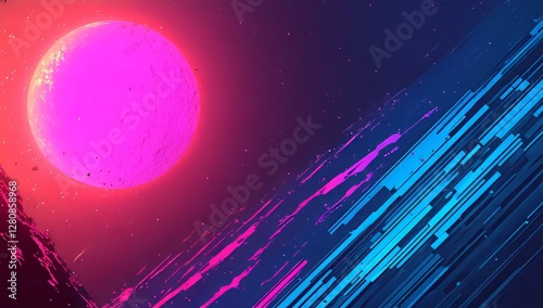 A blue background serves as the foundation for an abstract technology concept featuring dark blue stripes and geometric overlapping shapes, complemented by a vibrant navy blue dynamic abstract