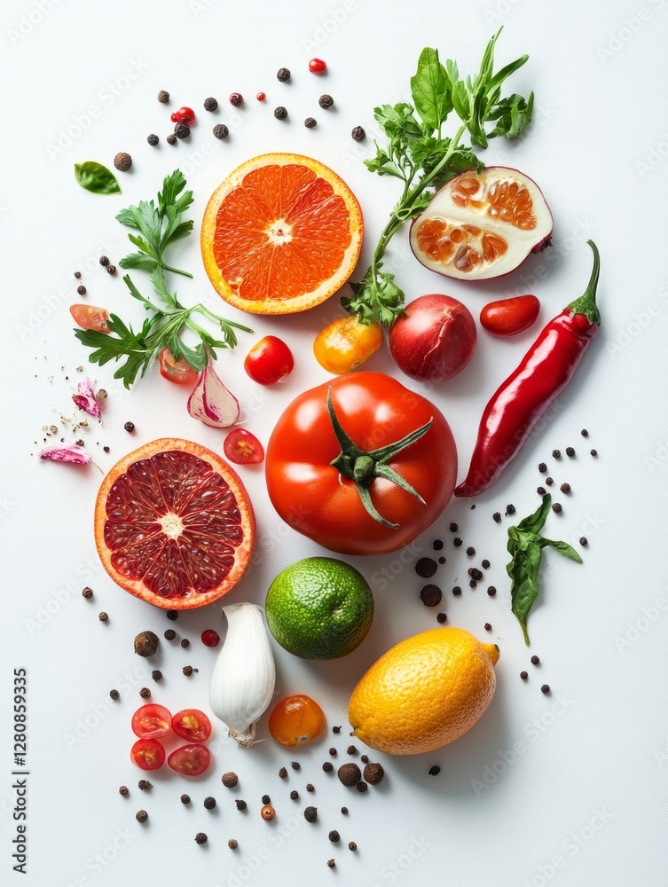 Fresh citrus fruits and vegetables arrangement with herbs and spices on light background Fresh citrus fruits and vegetables arrangement with herbs and spices on light background