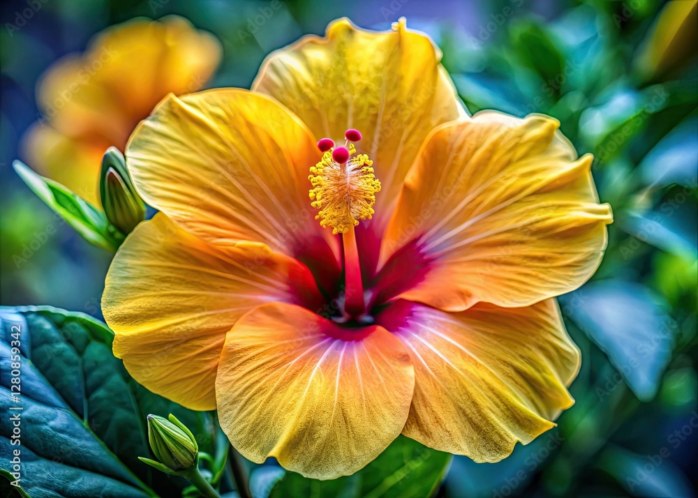 Fototapeta premium High-resolution panoramic close-up: a breathtaking yellow hibiscus, vibrant and intensely detailed, stunning floral photography.