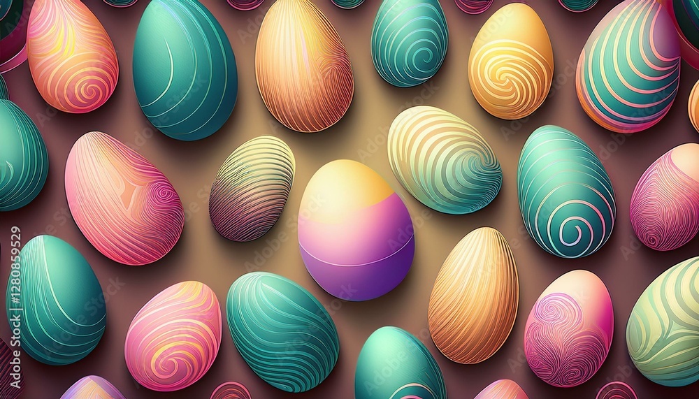 Fototapeta premium Abstract Easter pattern featuring colorful gradient eggs and minimalist curved lines on a neutral background, creating a modern, sophisticated holiday design.