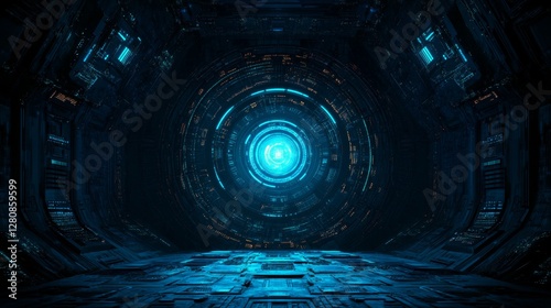 The background features a geometric stripe pattern in soft blue, accompanied by product presentation and technology concept visuals, forming a blue abstract design