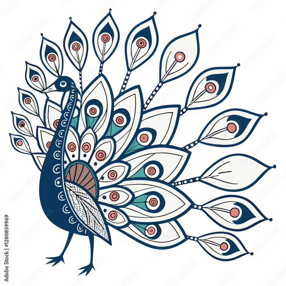 Obraz premium Stylized Peacock Illustration: Elegant Bird with Ornamental Feathers, Decorative Design, Vector Graphic, Nature Art