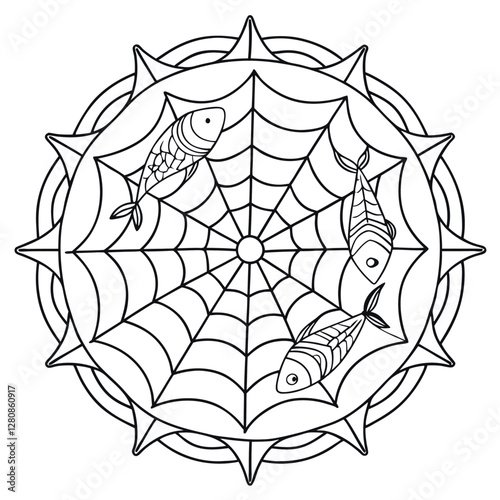 Fish in Web Mandala Coloring Page: Intricate Circle Design with Aquatic Theme for Relaxation & Creative Art Therapy for Adults & Kids