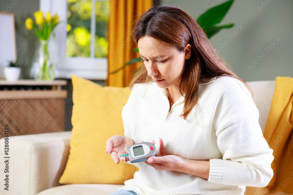 Young woman measures blood sugar level Young woman measures blood sugar level