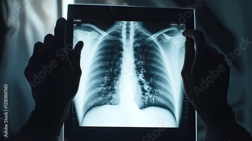 Doctor diagnosing patient's health using chest x-ray for asthma, lung disease, COVID-19, or bone cancer.